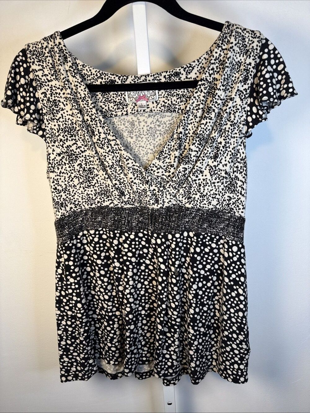 Y2K Babydoll Top Women's Size M Anthropologie Baraschi Black Cream Polka Dots